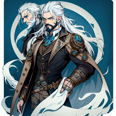 an athletic lithe male with long white hair and a scruffy beard, blue eyes and a ghostly look to him, wearing a steampunk inspired victorian outfit