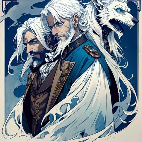 an athletic lithe male with long white hair and a scruffy beard, blue eyes and a ghostly look to him, wearing a steampunk inspir...