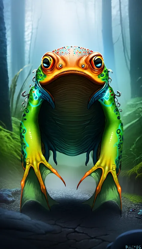 a highly detailed and colorful extraterrestrial frog shaman, amphibious creature, futuro-tribal design, bullywog, grung, beautiful yet alien appearance, frog-like facoal feature, non human appearance, vibrant colors, intricate tribal markings, glowing eyes...