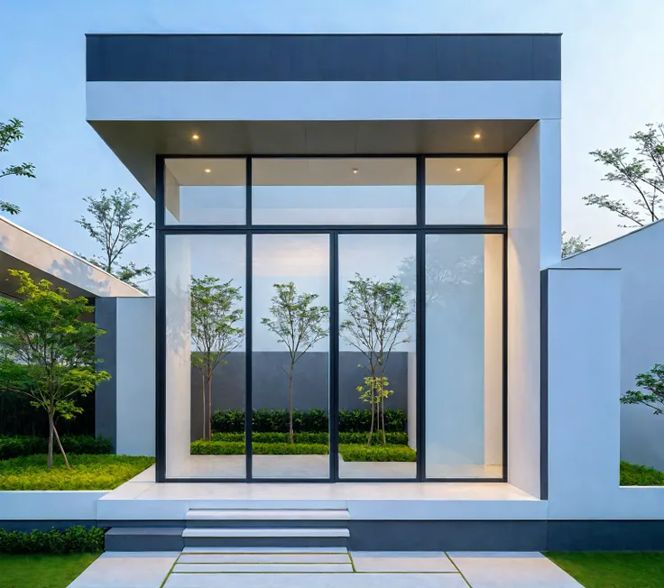 ,a modern one-story house with a minimalist design, (very small house: 1.2) ,((with a facade less than 4 meters wide:1.2)), white and glass materials, wood, large floor-to-ceiling glass windows, tropical plants and trees. (house as the showroom mini furnit...