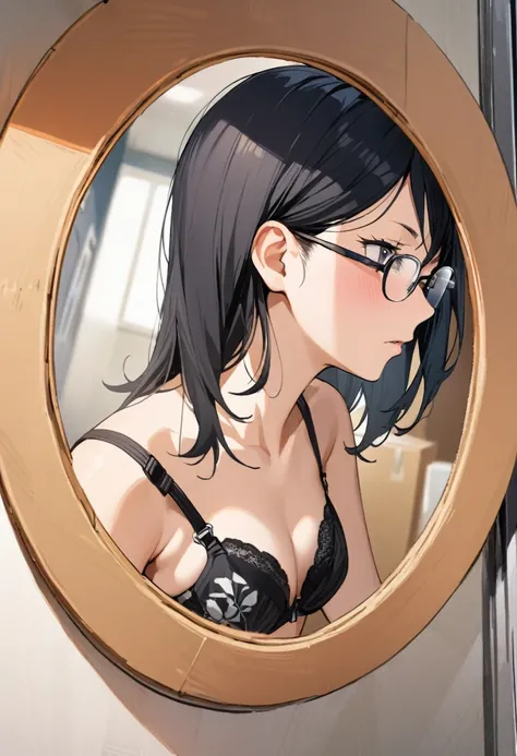 1girl, solo,shimizu kiyoko, haikyuu!!, ,zipped track suit,track shorts,glasses,the girl changing in the locker room. The photo is taken in a oval frame made of cardboard.The image looks like a sneak peek from inside Dumbor. Place the upper body within the ...