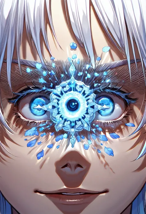 Super detailed, High resolution, High resolution, Absurd, masterpiece, Gojo Satoru, White hair with bangs, Expressive blue eyes, White eyelashes, JUJUTSU KAİSEN, good looking, Sexy man, alone, Unlimited whitespace, Blue Water, Fantasy, Magic, Cursed Energy...