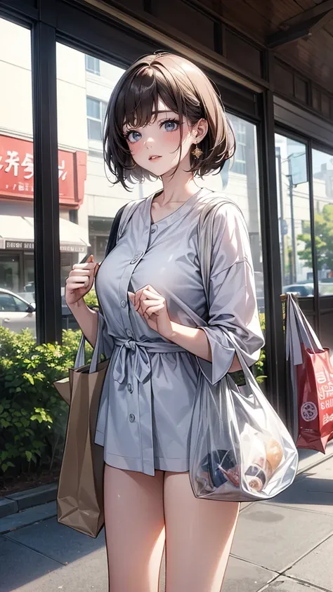 (A work depicting a scene from a manga for adults), housewife, Realistic sized eyes, Droopy eyes, shame, (She is carrying a large plastic bag full of groceries.), ((Spread your legs, banging one&#39;s groin against a stone pillar on the sidewalk to masturb...