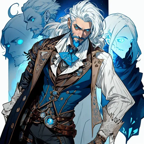 a sexy athletic lithe male with long white hair and a scruffy beard, glowing blue eyes and a ghostly look to him, wearing a steampunk inspired victorian outfit, transparent flesh, ghost flesh, photo realistic, masterpiece