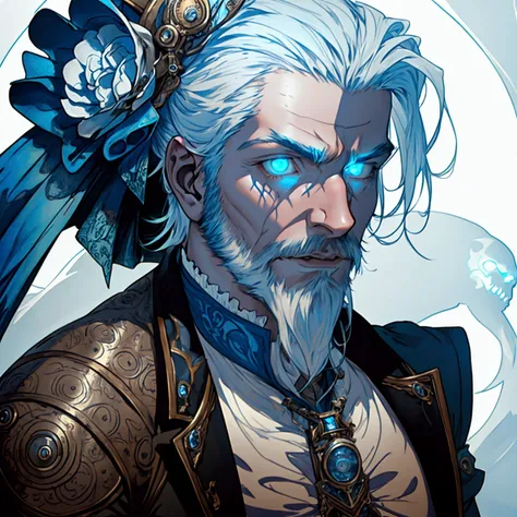 a sexy athletic lithe male with long white hair and a scruffy beard, glowing blue eyes and a ghostly look to him, wearing a steampunk inspired victorian outfit, transparent flesh, ghost flesh, photo realistic, masterpiece