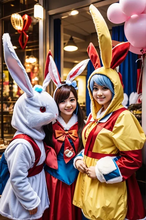 5 anime characters wearing rabbit costumes. 