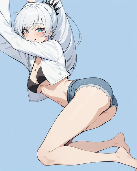 masterpiece,best quality,1girl, weiss schnee, solo, smile, stretching, full body, necklace, long sleeves, blue background, white jacket, earrings, blush, black bikini, denim booty shorts, scar on face, hair ornament, parted lips, cropped jacket