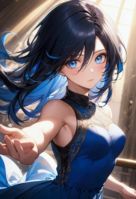 Adult female,long black hair with inner blue hair, blue eyes,athletic body, elegant dress