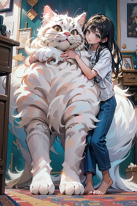 (((best quality))),(((ultra detailed))),(((masterpiece))),illustration,fear, uncertainty,a gigantic white cat, small city, destr...