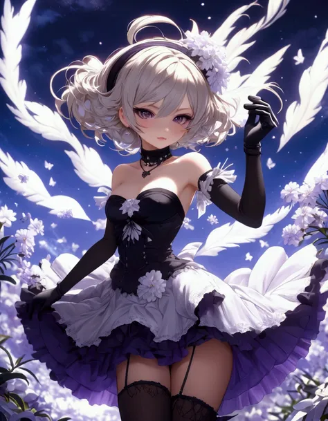 masterpiece, best quality, extremely detailed 8K wallpaper, 1girl, outdoors, Helena(Azur lane),strapless dress, dress, layered dress,white flower, hair ornament, purple eyes, (choker), outline, (black gloves), bare legs,