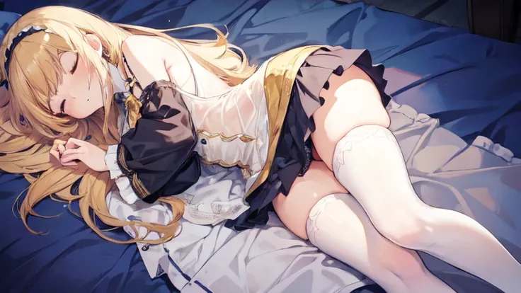 super high quality, Super detailed, Ultra-clear, one person, long blonde hair, sleep, Swimsuit, Clothes with intricate details, mini skirt, Stockings