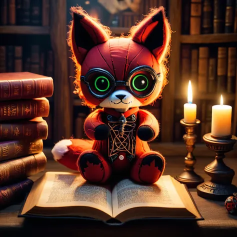 (knitted toy voodoo doll:1.7), (Voodoo Fox Reading a Unholy Book:1.3), (Clothing: tattered robe with cryptic symbols:1.0), (Accessories: enchanted dark tome, glowing cursed glasses:1.2), (background: eerie library with floating, glowing spectral lights and...