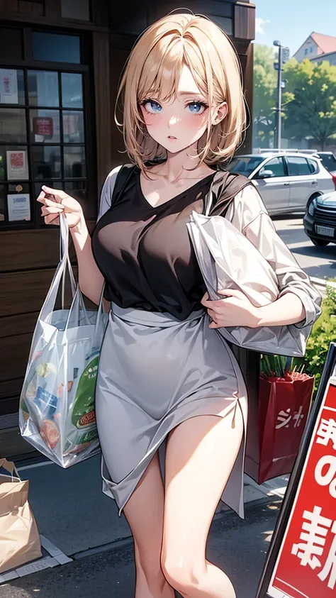 (A work depicting a scene from a manga for adults), housewife, Realistic sized eyes, Droopy eyes, shame, (She is carrying a large plastic bag full of groceries.), ((Spread your legs, banging one&#39;s groin against a stone pillar on the sidewalk to masturb...