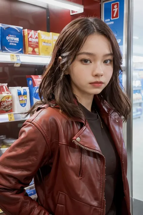 a handsome girl in a red leather jacket, in a convenience store, ready for action, upper body, close up, (looking at camera), (candid, amateur), (raw, 8k, uhd, fujifilm xt3),  