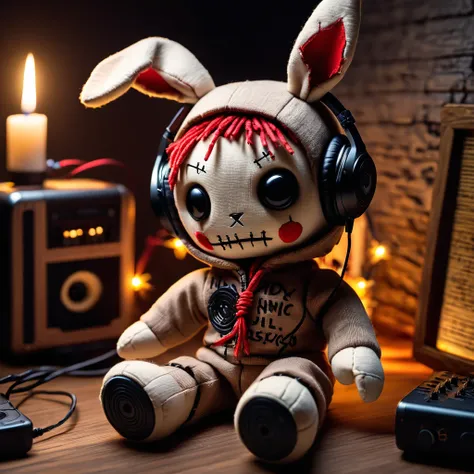 (knitted toy voodoo doll:1.7), (Voodoo Rabbit Listening to Cursed Music:1.3), (Clothing: shredded hoodie with runic designs:1.0), (Accessories: enchanted headphones, glowing sinister MP3 player:1.2), (background: darkened room with floating, glowing notes ...