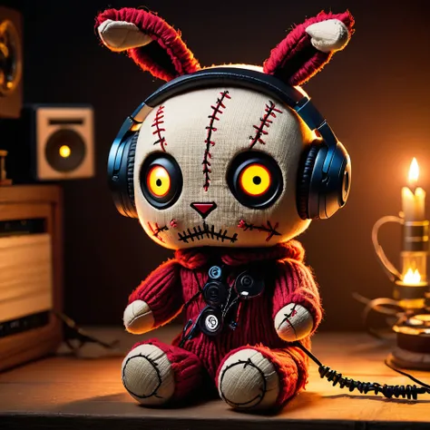 (knitted toy voodoo doll:1.7), (Voodoo Rabbit Listening to Cursed Music:1.3), (Clothing: shredded hoodie with runic designs:1.0), (Accessories: enchanted headphones, glowing sinister MP3 player:1.2), (background: darkened room with floating, glowing notes ...