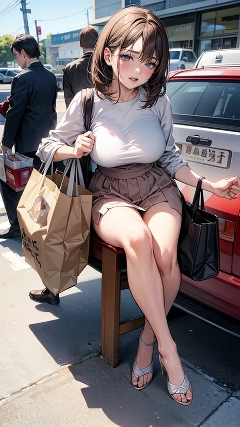 (A work depicting a scene from a manga for adults), housewife, Realistic sized eyes, Droopy eyes, shame, (She is carrying a large plastic bag full of groceries.), ((Spread your legs, banging one&#39;s groin against a stone pillar on the sidewalk to masturb...