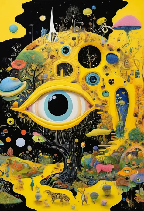 Intense visual fusion of various elements，broto，microorganism、plantar、house、Eye、wild animal life，Stitching an abstract painting，Describing the inner world of autistic people，Sense of space，blank space，interesting，innocence，psychedelic art，yellow and black,...