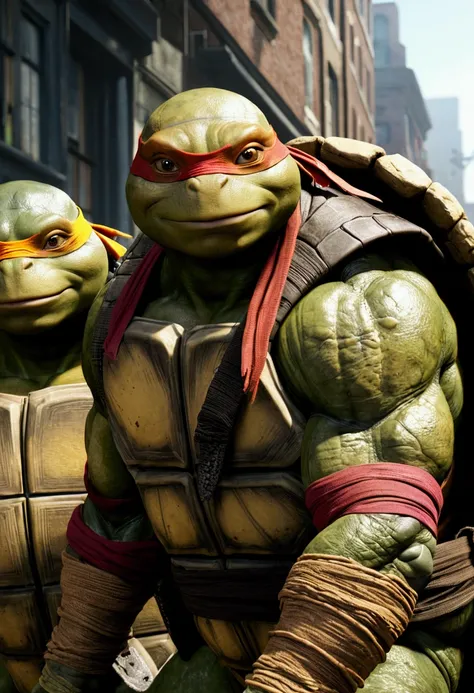 Ninja turtles 2012 realistic version, they maintain the same features but with realistic textures, detailed in a realistic setting 