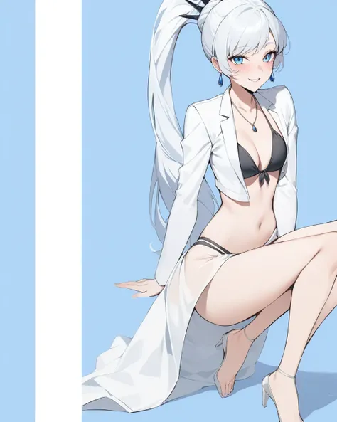 masterpiece,best quality,1girl, weiss schnee, solo, smile, seductive, full body, necklace, long sleeves, blue background, white jacket, earrings, blush, black bikini, scar on face, hair ornament, parted lips, cropped jacket