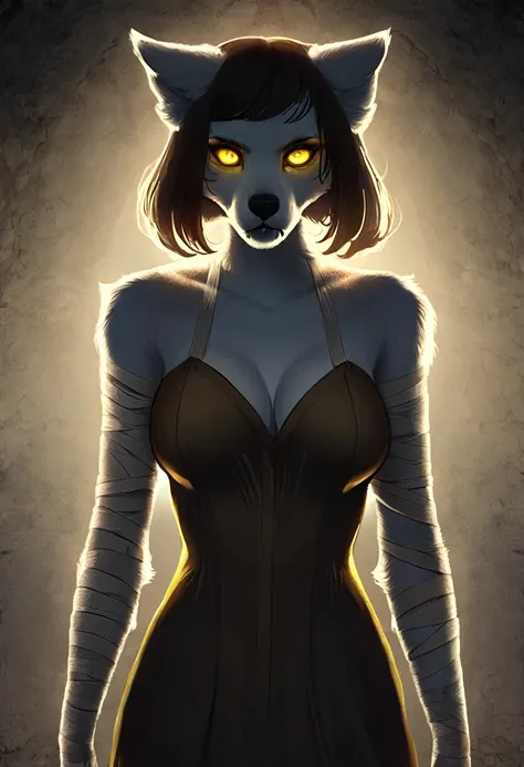 Anthro, beautiful, solo-girl, feminine, wolf-woman, (standing in complete darkness:1.5), serious, scary, white fur, short hair, white wolf ears, long snout, fangs, bandaged arms, claws, big eyes, glowing yellow wolf eyes, plain medieval brown dress, breast...