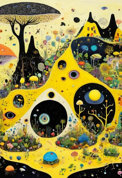 Intense visual fusion of various elements，broto，microorganism、plantar、house、Eye、wild animal life，Stitching an abstract painting，Describing the inner world of autistic people，Sense of space，blank space，interesting，innocence，psychedelic art，yellow and black,...