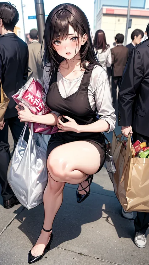 (A work depicting a scene from a manga for adults), housewife, Realistic sized eyes, Droopy eyes, shame, (She is carrying a large plastic bag full of groceries.), ((Spread your legs, banging one&#39;s groin against a stone pillar on the sidewalk to masturb...