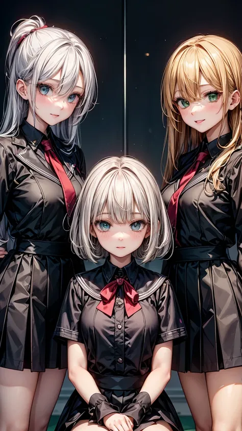 ((3 17 year old girls.)) 1 with yellow hair and green eyes. 2 white hair and blue eyes. 3 Red Hair And Red Eyes. The 3 girls are standing. in  clothes. High School College Fund. 
Neg: wrong eye colors, disproportionate eyes, deformed faces, wrong hair colo...