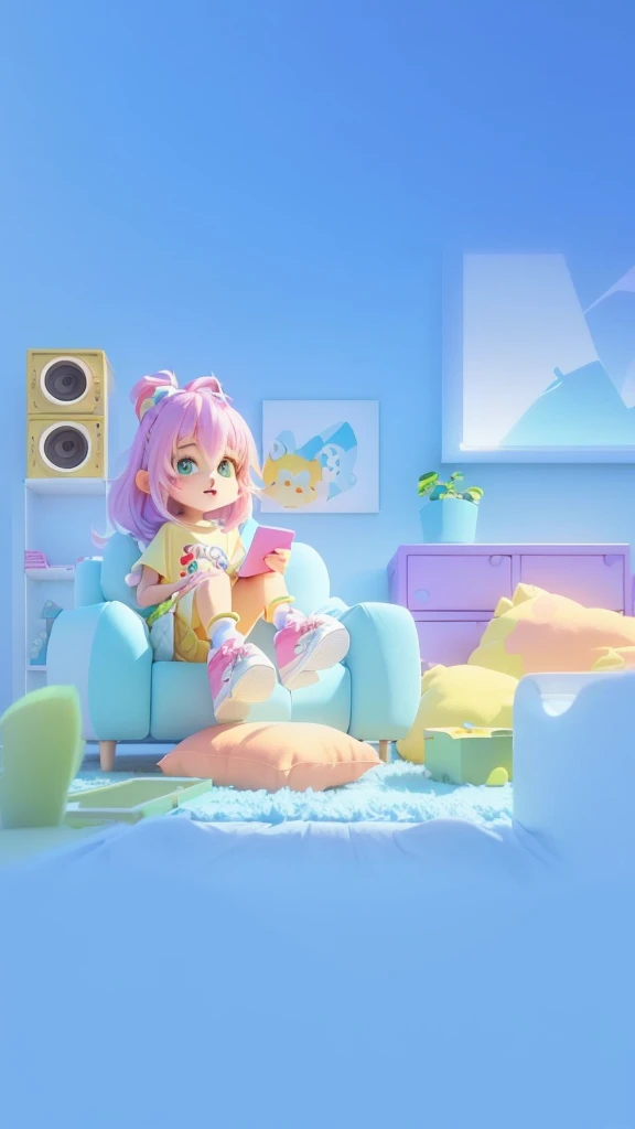 A cartoon character is sitting on the sofa in the room, Lo-Fi Girl, Cute 3d rendering, Animation style rendering, Kawaii HD Rendering, 8K cartoon illustration, 3d illustration, 3d illustration, Lofi art style, Animation illustration style