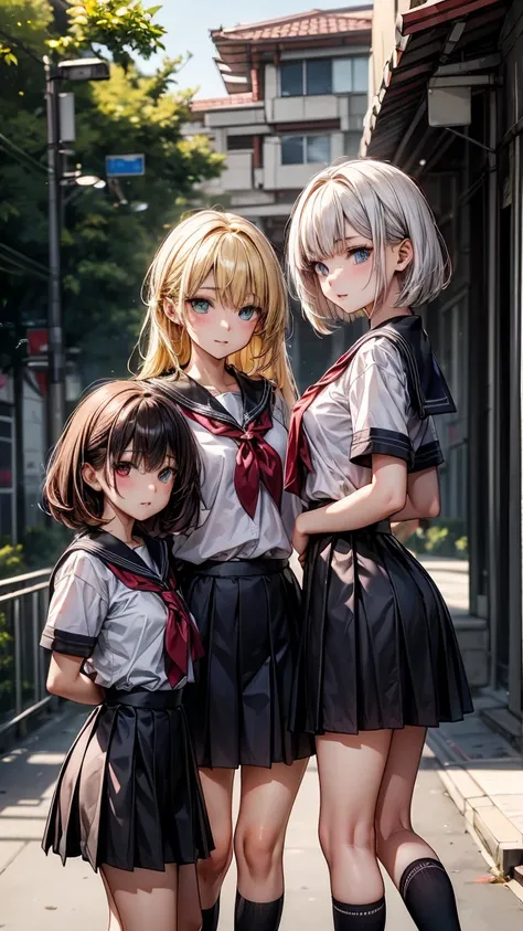 "Three 17 year old girls. The first has long yellow hair and green eyes.. The second has white Bob hair and blue eyes. The third has long red hair and red eyes.. The three are standing, wearing school uniforms. The background is a high school."