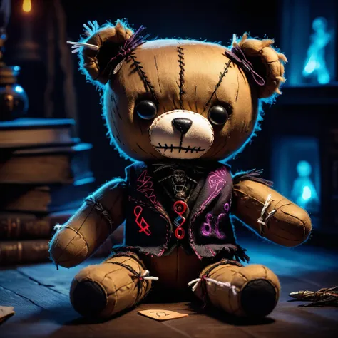 (knitted toy voodoo doll:1.7), (Voodoo Bear Engaging in Shadowy Correspondence:1.3), (Clothing: frayed vest with cryptic designs:1.0), (Accessories: enchanted quill, glowing sinister letter:1.2), (background: darkened study with floating, glowing spectral ...