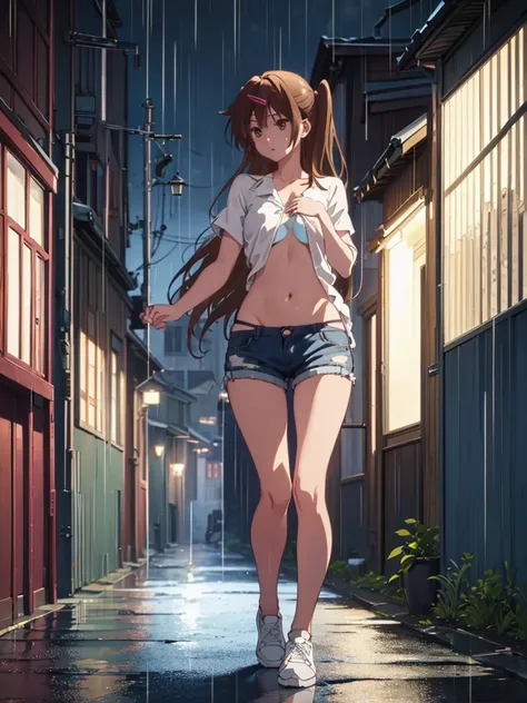 Girl, blue short, Unbuttoned Blouse, Blouse on a naked body,  You can see her breasts,  Bare breasts, chest visible, street  background, Narrow passage between houses, night, rain, slim body, In full growth, Sneakers , Bare breasts, She threw open her hand...