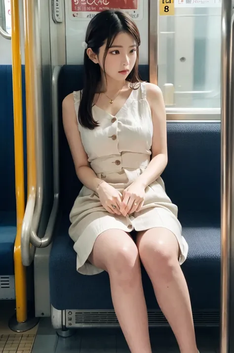 one japanese woman,(masterpiece, Highest quality, 8K, RAW Photos, beautifully、aesthetic:1.2),  Intricate details, indirect lighting, Realistic,
whole body, Sitting on a chair on the train、Staring at the viewers、Voyeur、
 Square neck button-down linen sundre...