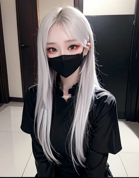 Woman black shirt suit, black skinny pant, long hair, white hair, black face mask, red eyes,red make up face, black face mask 