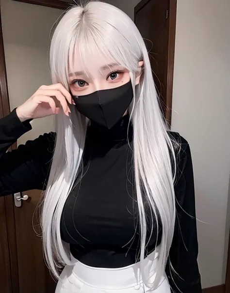 Woman black shirt suit, black skinny pant, long hair, white hair, black face mask, red eyes,red make up face, black face mask 