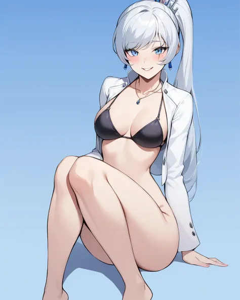 masterpiece,best quality,1girl, weiss schnee, solo, smile, seductive, full body, necklace, long sleeves, blue background, white jacket, earrings, blush, black bikini top, nude pussy, scar on face, hair ornament, parted lips, cropped jacket