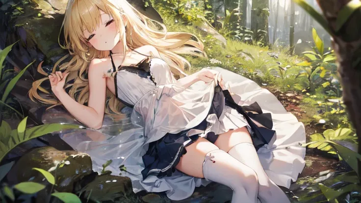 super high quality, Super detailed, Ultra-clear, forest, one person, long blonde hair, sleep, Swimsuit, Clothes with intricate details, mini skirt, Stockings