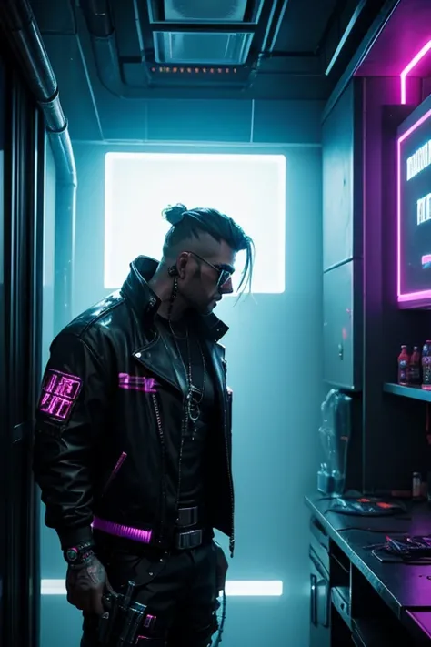 Cyberpunk Mercenary, Cyberpunk Bodyguard, Cyberpunk party in background with neon light display, in a room where a party is happening