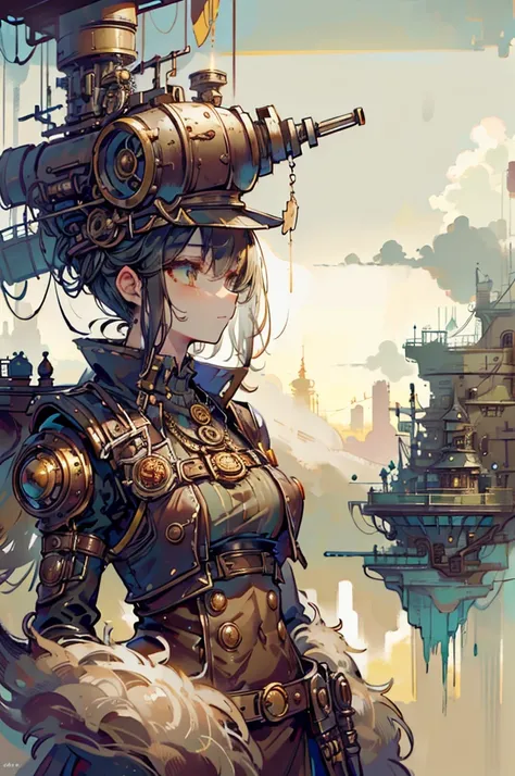 In the distance, there is a prosperous steampunk style city surrounded by desolate mountains,there is a prosperous city with a mechanical punk style, top-down view, distant view, retro futurism, a steampunk city street full of high-rise buildings, with ste...