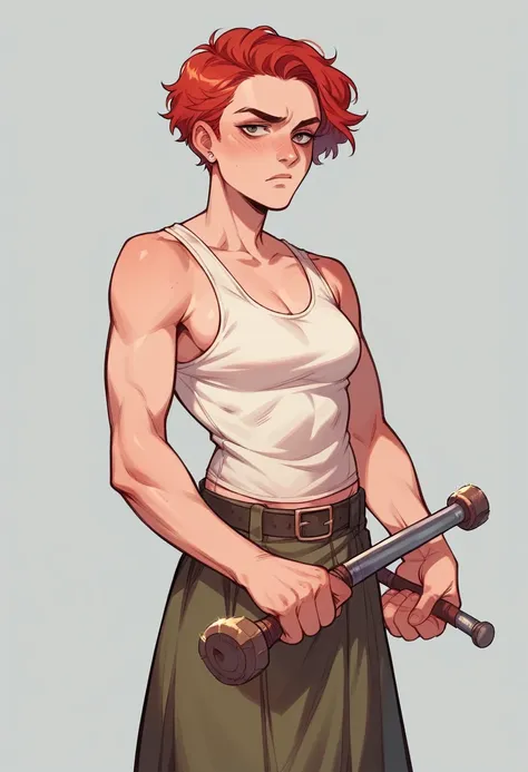 red-haired girl with short hair, stark, in a tank top and flowered skirt holding a large sledgehammer