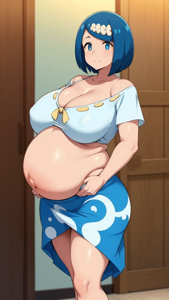 Sexy Hawaiian Girl, beautiful, Large Breasts, beautiful, Bright blue hair, Round Cut, Her blue eyes, She wears a white shirt, Showing your belly button, Long blue skirt. Huge Pregnancy 