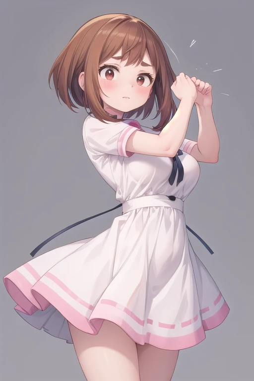 incoming hug, 1 girl, Alone, Gray background, Big breasts , dress, Ochako Uraraka 