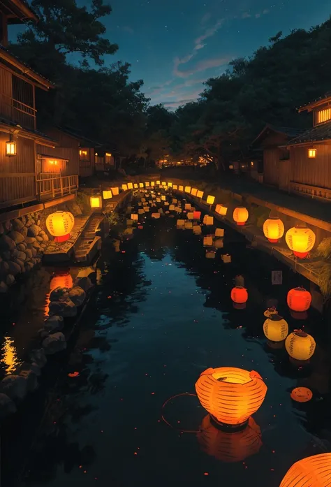 Alongside a river, families gather to float lanterns downstream in a tradition known as Toro Nagashi. The lanterns, each bearing a message for the departed, glow softly as they drift away. The reflection of the lanterns on the water creates a mesmerizing a...