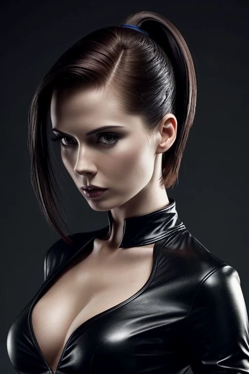 Gorgeous european woman with short hair, short ponytail, wet hair, hair slicked back, combed straight back, slick hair, streaked black hair, seductive pose, karen gillan, dressed as trinity from the matrix, cleavage, solid dark grey background