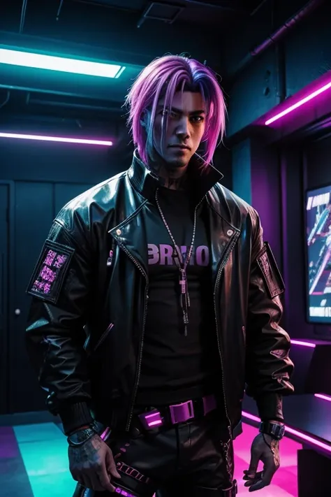 Cyberpunk Mercenary, Cyberpunk Bodyguard, Cyberpunk party in background with neon light display, in a room where a party is happening, party goer, color dyed hair, brightly colored clothing