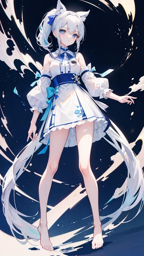 （（Super detailed details））A white double ponytail hair，Blue bow，（清凉白色宽松泳装少女Stand sideways在沙滩上）（Happy and lively）Moe，Perfect body proportions，（（Three-dimensional））（（（Full body picture）））Stand sideways，Bare feet and legs