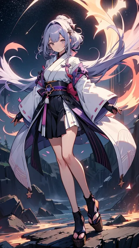 skinny girl, ultra high definition, very detailed, shuriken, shot, bundled hair, whole body, traditional Japanese outfit, short skirt, 25 years old, Background with many stars and moon in the sky, two tone hair (black, light purple), Chengan, beautiful eye...