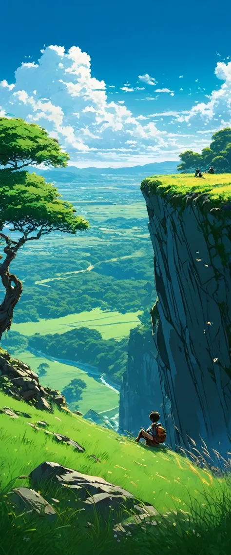 a boy sitting under a tree near a cliff in a meadow , seeing a vast blue sky with fluffy clouds and brush strokes , tall grasses stones, , makoto shinkai cyril rolando, anime art wallpaper 4k, anime art wallpaper 4k, animated background, anime art wallpape...