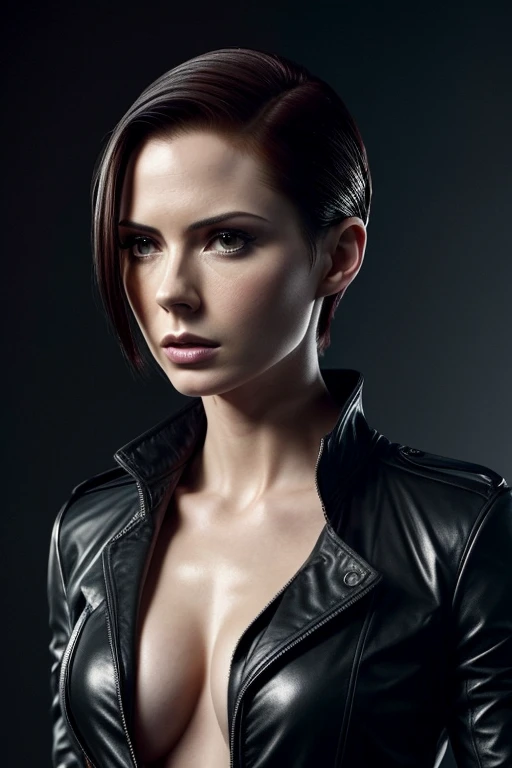 Gorgeous european woman with short hair, wet hair, hair slicked back, combed straight back, slick hair, streaked black hair, seductive pose, karen gillan, dressed as trinity from the matrix, cleavage, solid dark grey background