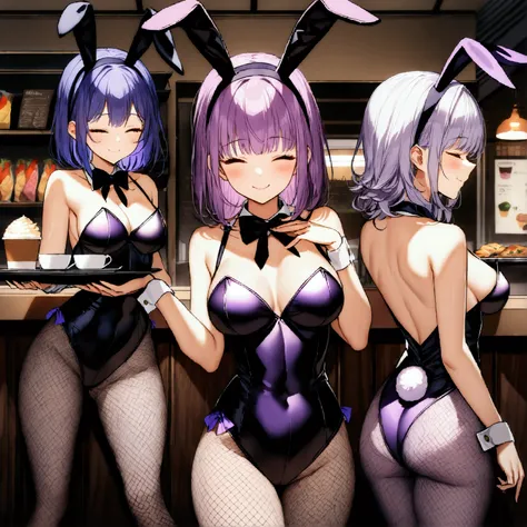 cute face, ideal ratio body proportions, curvy, blush, medium hair, (purple hair), (pink eyes), (medium breasts), (((3 girls))), ((Bunny ears)), (((purple Bunny girls))), ((Fishnet tights)), (((Closed your eyes))), ((Closed your mouth)), smile, (((Hold the...